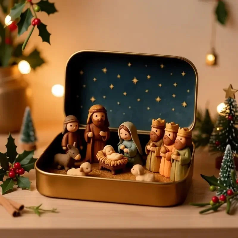 1 Set Mini Handmade Christmas Nativity Scene Figurine Set, portable box design featuring Mary, shepherd and animal figures with hand-painted details, holiday decoration, Ornaments and collectible gift for Christmas, Easter an