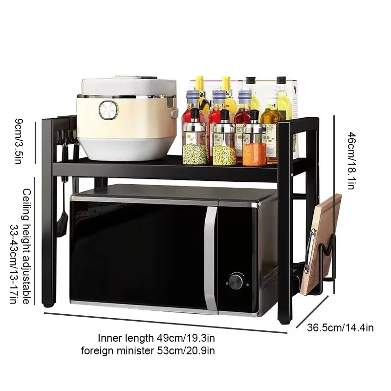 Height Adjustable Microwave Stand, Heavy Duty 2-Tier Kitchen Storage Rack with Hooks, Space Saving Countertop Organizer for Microwave, Air Fryer & Coffee Maker