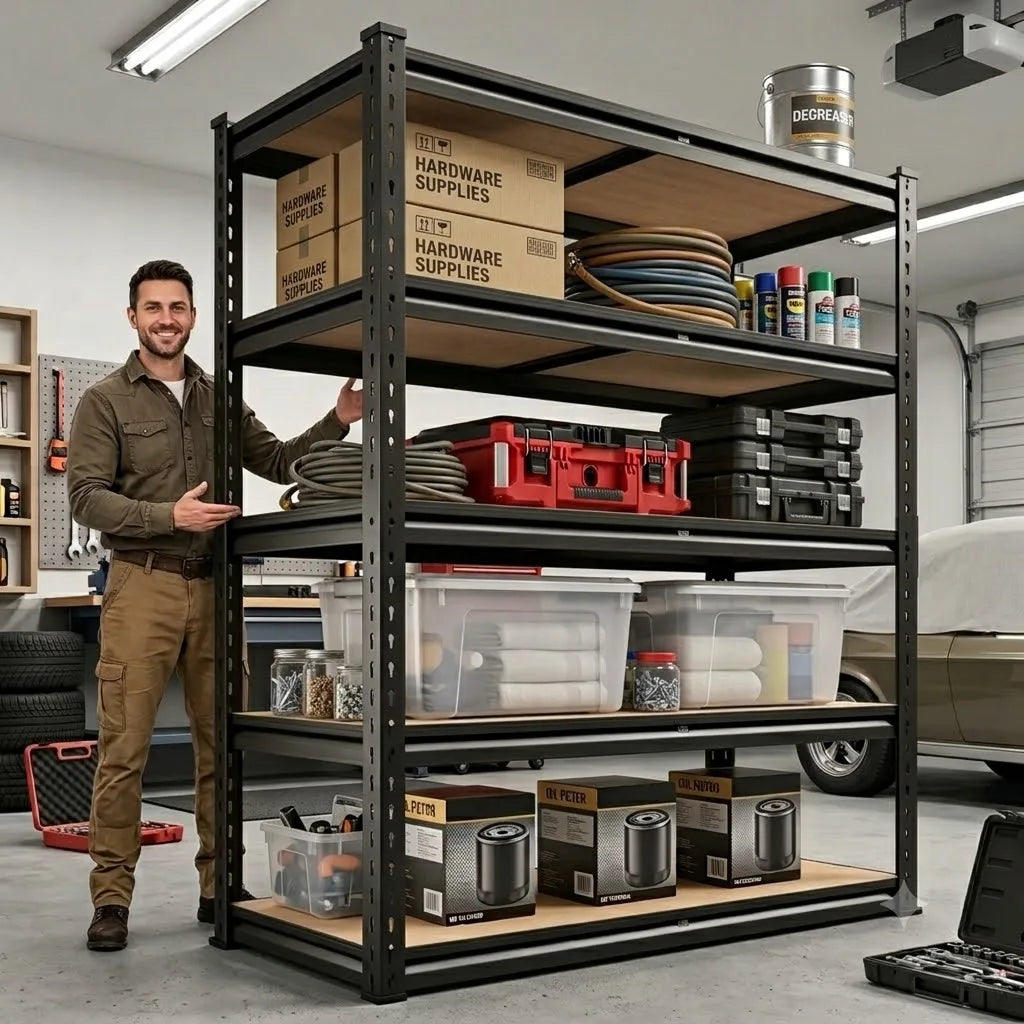 Heavy Duty Metal Storage Rack 5 Tier Adjustable Utility Shelving Unit with MDF Board Garage Organizer Tool Shelf for Basement Warehouse Kitchen Pantry Closet Multi-Purpose Storage Display Rack