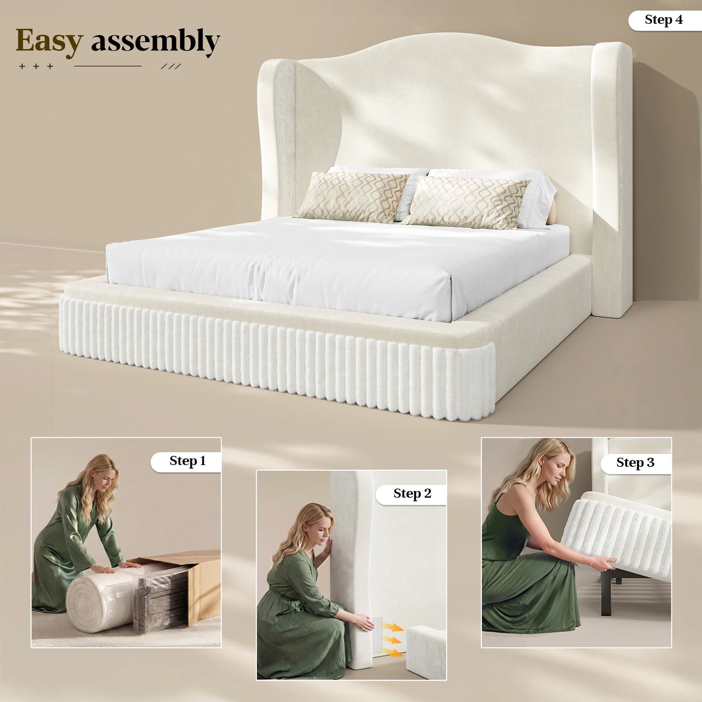 EnHomee 49" Cloud Bed Frame, Soft King Size Bed Frame with Extra High Wingback Headboard, No Box Spring Needed, Easy Assembly