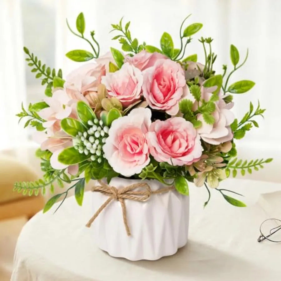 Faux Flowers with Vase, Artificial Silk Rose in Vase Silk Rose Artificial Flowers with Vase for Coffee Table Decor, Living Room