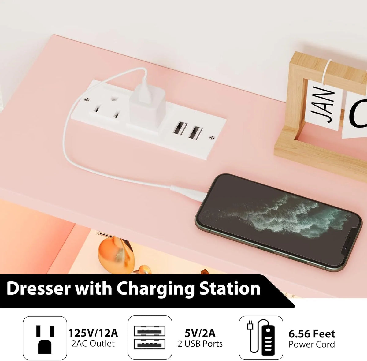 Modern 6 Drawer Dresser with LED Lights Charging Station Pink Wood Storage Cabinet Bedroom Chest of Drawers with Metal Legs Entryway Organizer