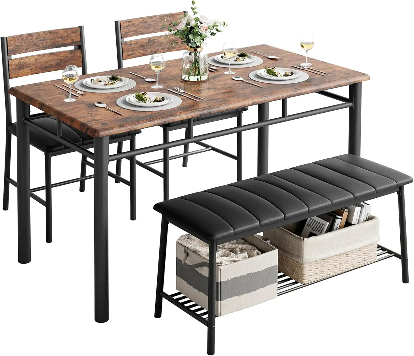 IRONCK Dining Table Set for 4, Kitchen Table with Upholstered Bench and 2 Chairs, Kitchen Table and Chairs Set for Small Space