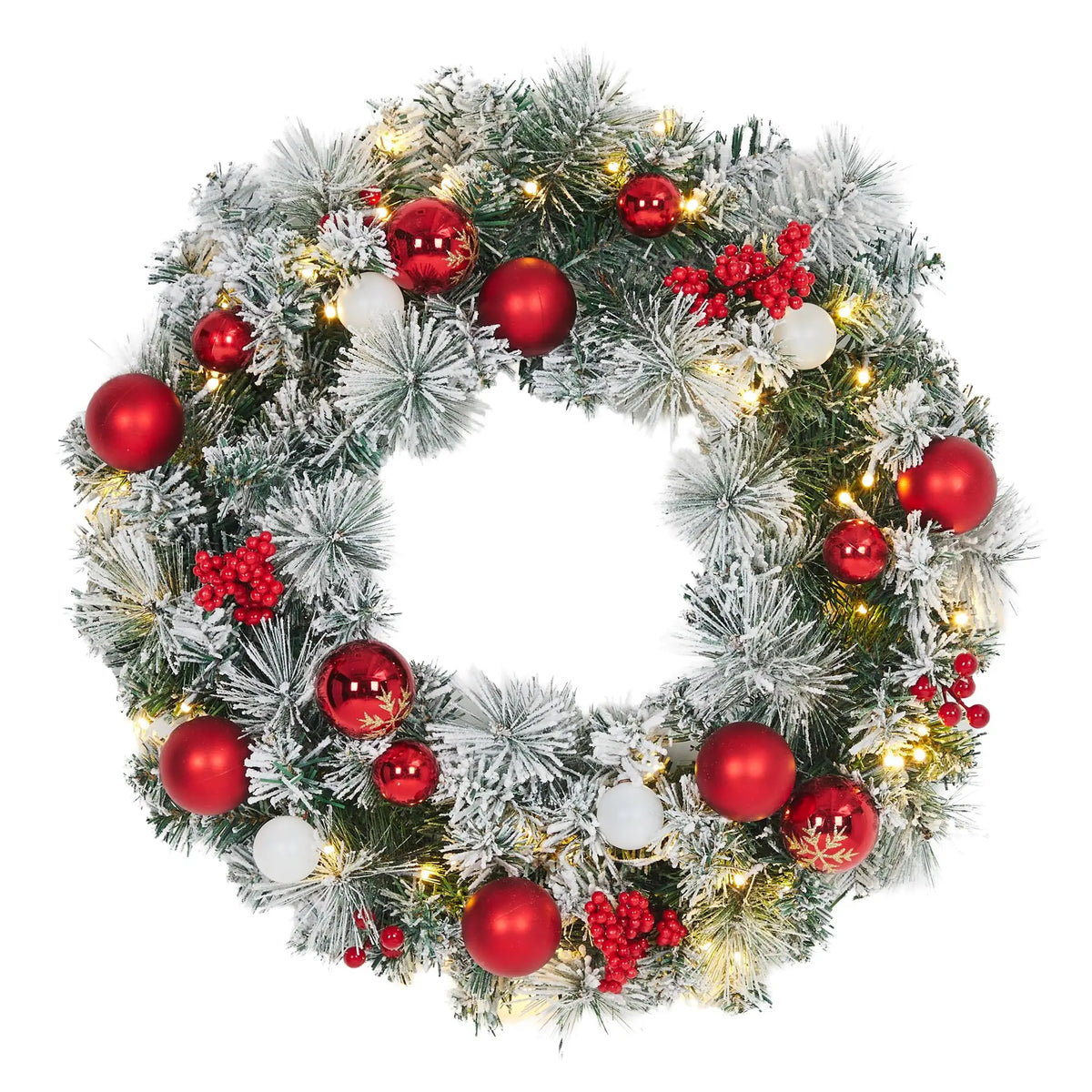 18/22/24in Pre-Lit Flocked Christmas Wreath With Red Ornaments Berries, Battery Warm White Led Snowy Pine Door Wall Mantel Decor