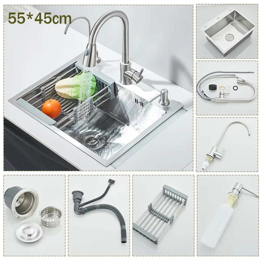 Stainless Steel Kitchen Sink Large Integrated Faucet Sink Dish Basin With Drain Basket Soap Dispenser/Pure Water/Cup Washer