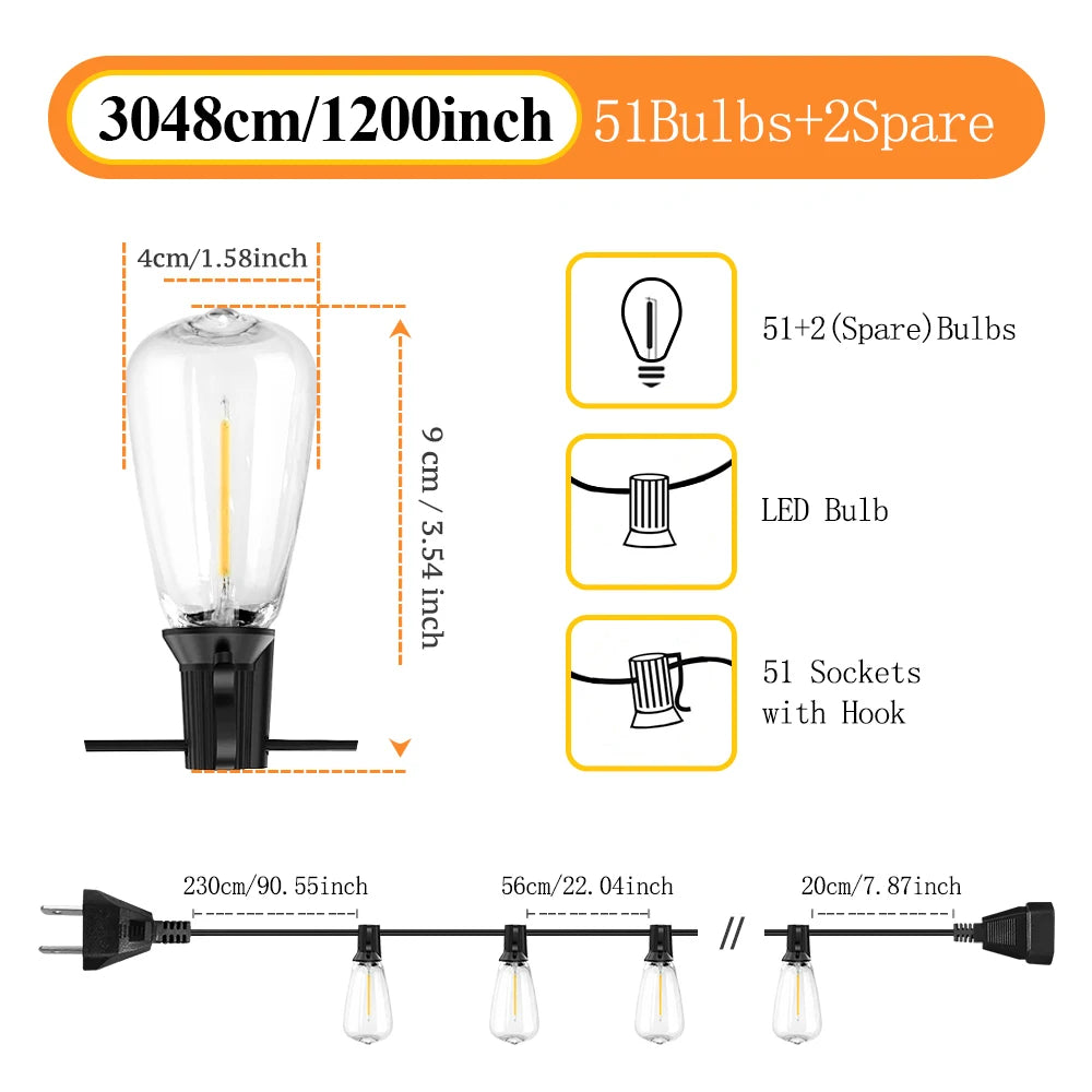 50ft/100ft/25ft LED Outdoor String Lights - 2200K, Shatterproof ST38 Bulbs, Warm White for Garden, Porc