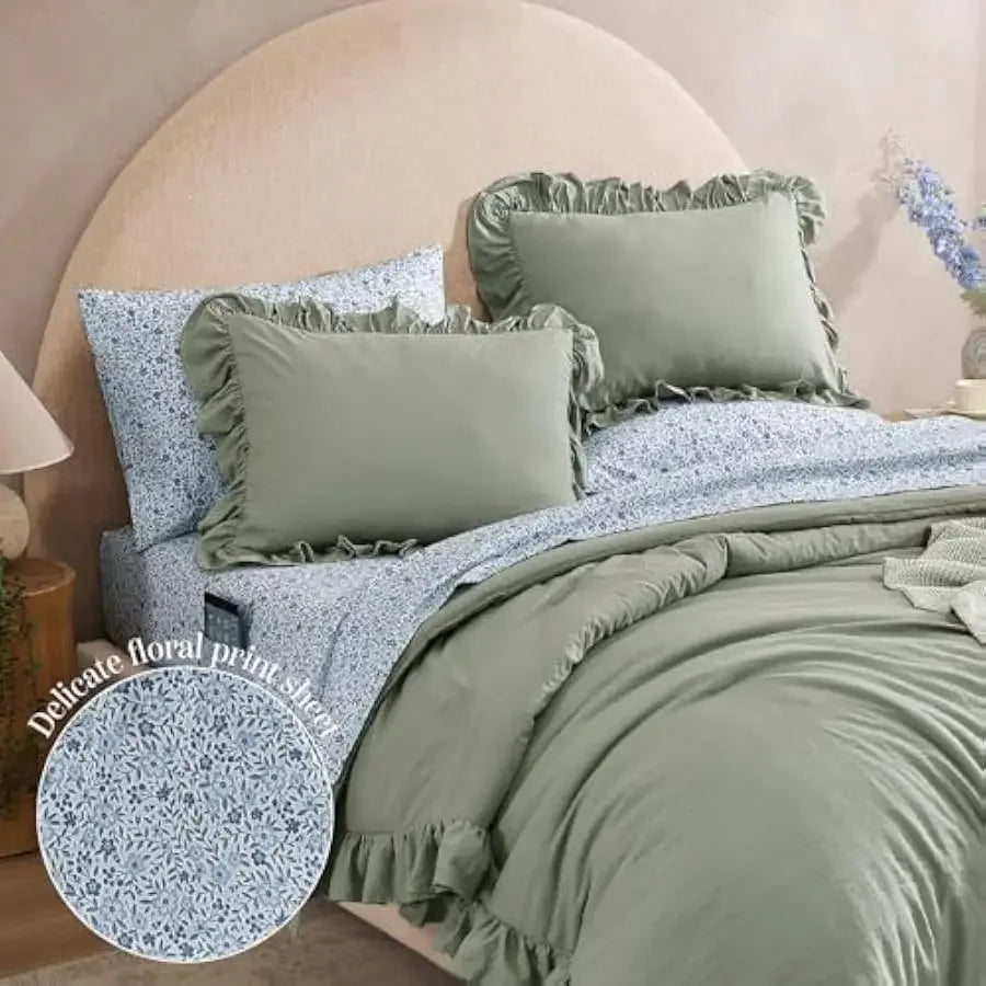 BLOOMHAVEN Queen Comforter Set - 7 Pieces Ruffle Sage Green Bedding Sets, Shabby Chic Farmhouse Bed in a Bag Queen with Ruffle C
