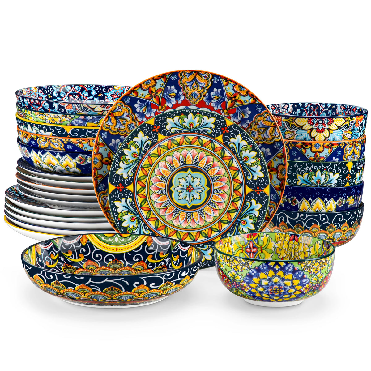vancasso 24 Piece Dinnerware Sets Bohemian Style Porcelain Ceramic Plates Set with 6PCS Dinner Plate/Dessert Plate/Soup/Bowl