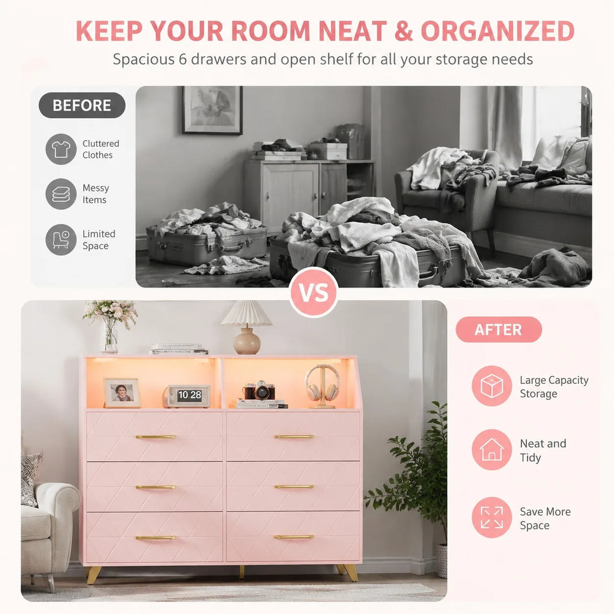 Modern 6 Drawer Dresser with LED Lights Charging Station Pink Wood Storage Cabinet Bedroom Chest of Drawers with Metal Legs Entryway Organizer