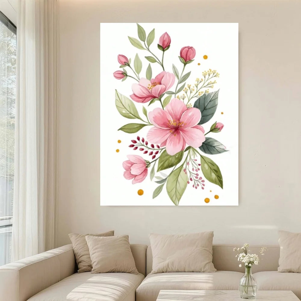 Framed 1pc Pink Plum Blossoms Canvas Wall Art - Animation Art Style Floral Print With Soft Pink & Green Hues, High-Quality Canva
