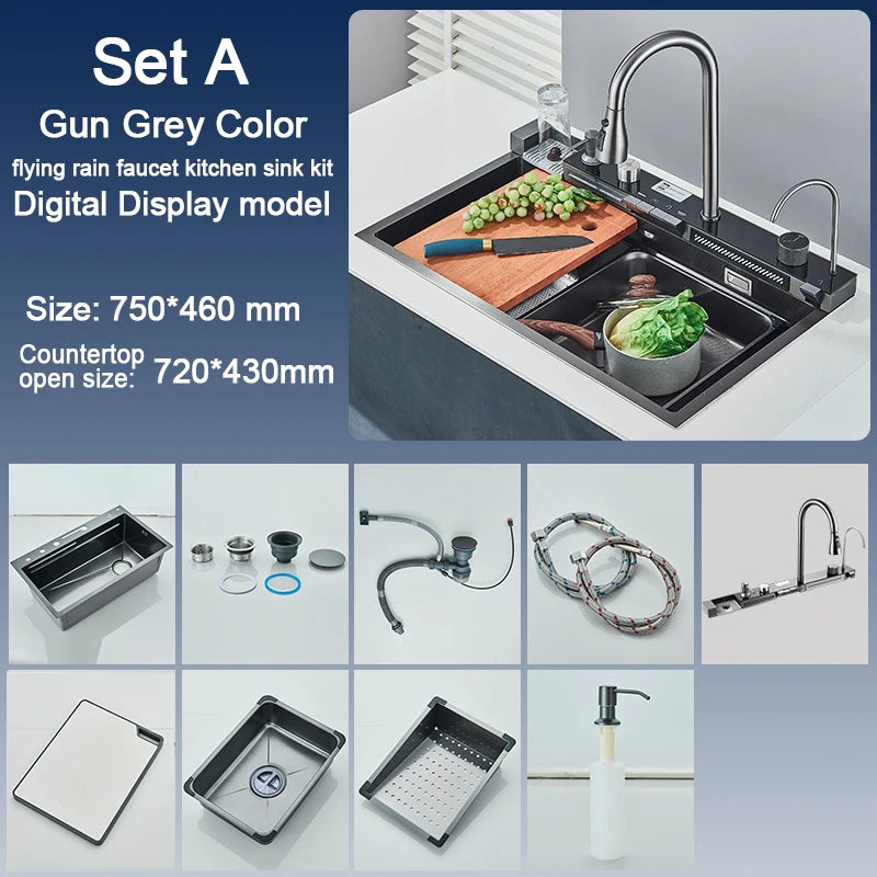 Stainless Steel Kitchen Sink with Faucet 75*45cm Large Single Bowl Digital Display Dish Basin Sink Waterfall Hot Cold Faucets