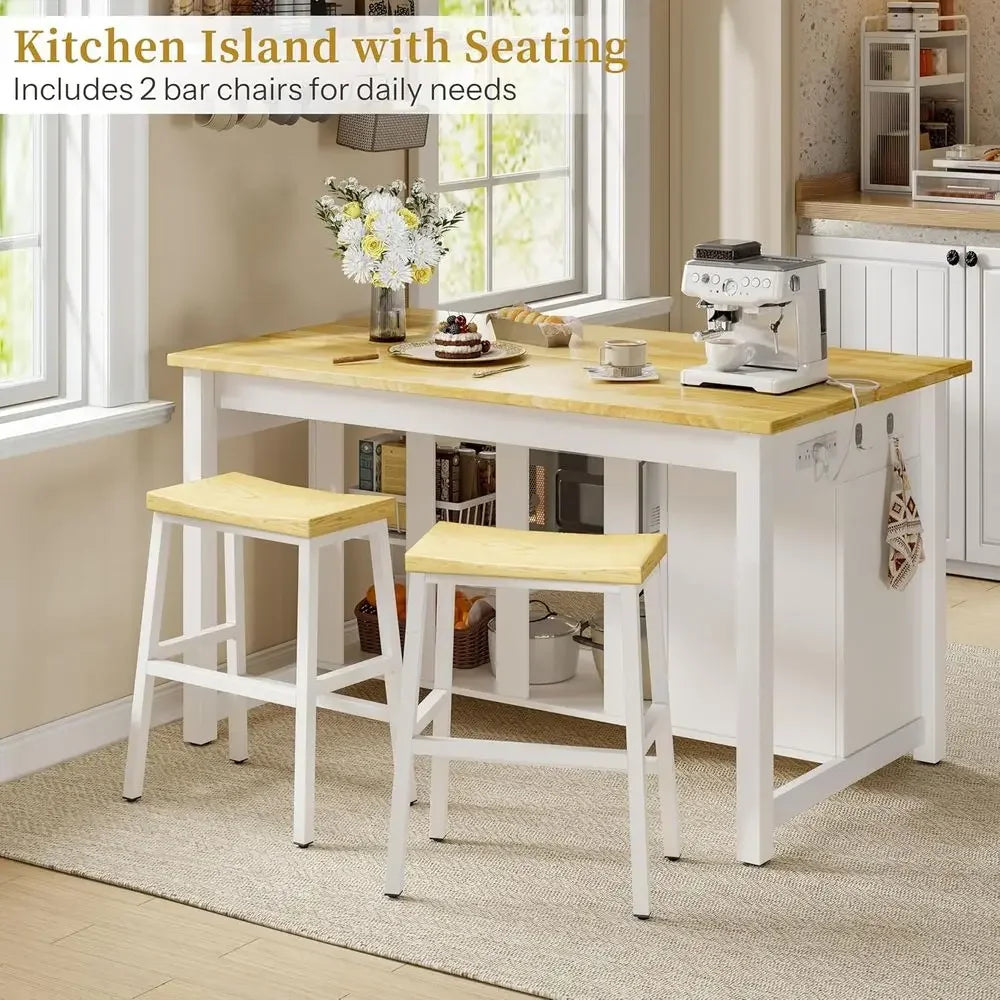Kitchen Island with Storage and Seating Include 2 Bar Stools, 47" Solid Rubberwood Top Kitchen Island with Trash Can Storage, Po