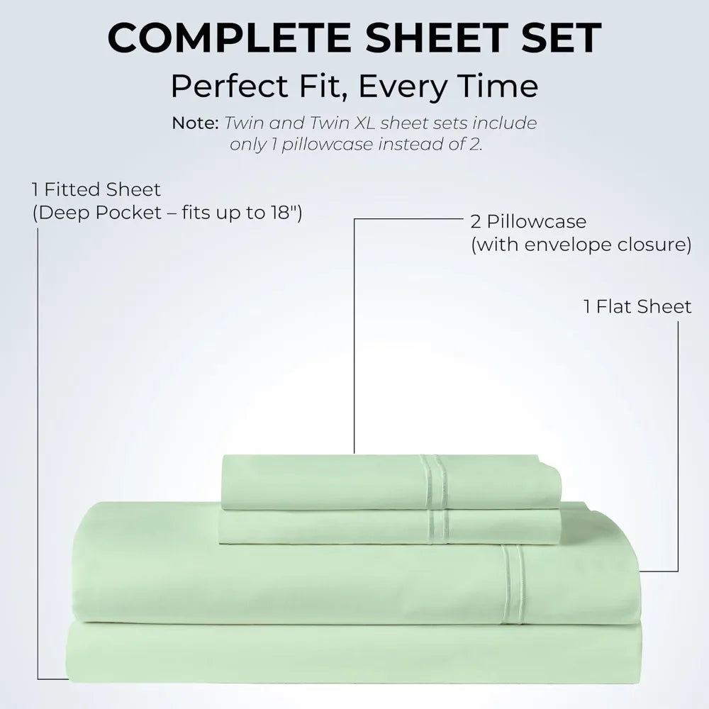 100% Cotton Sateen Bed Sheets - 500 TC, Deep Pocket, 4-Piece Set, Sage