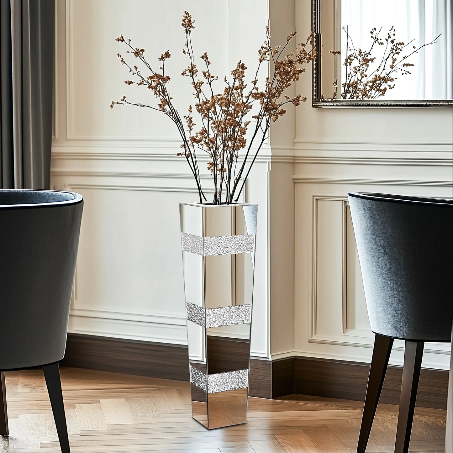 Tall Floor Flower Vase Crystal Diamond Decor Vase Mirrored Living Room Vase