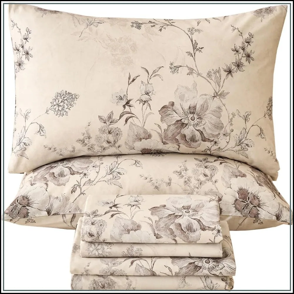 Beige Queen Sheet Set 100% Cotton Flannel-Like Warm Luxury Peony Toile Floral Bed Sheets 4Pc Deep Pocket 17.5", Double Brushed Extra Soft Breathable, Fall/Winter French Country Bedding