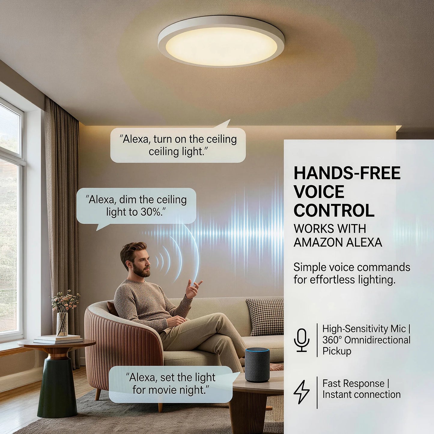 Smart RGB Ceiling Light, 11.8 Inches Ultra-Thin Design, Supports Music Sync, DIY Color Scenes and AI Lighting Modes, 3000K-6500K Dimmable White Light, APP Remote Control & Voice Control, Dimmable LED Flush Mount Ceiling Lamp