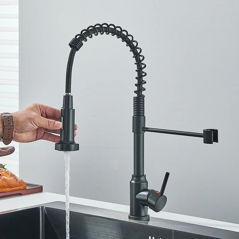 Black Flexible Kitchen Faucet Pull Down Spring Hot Cold Water Mixer Tap 360° Swivel Stream Sprayer Nozzle Kitchen Sink Tap Crane