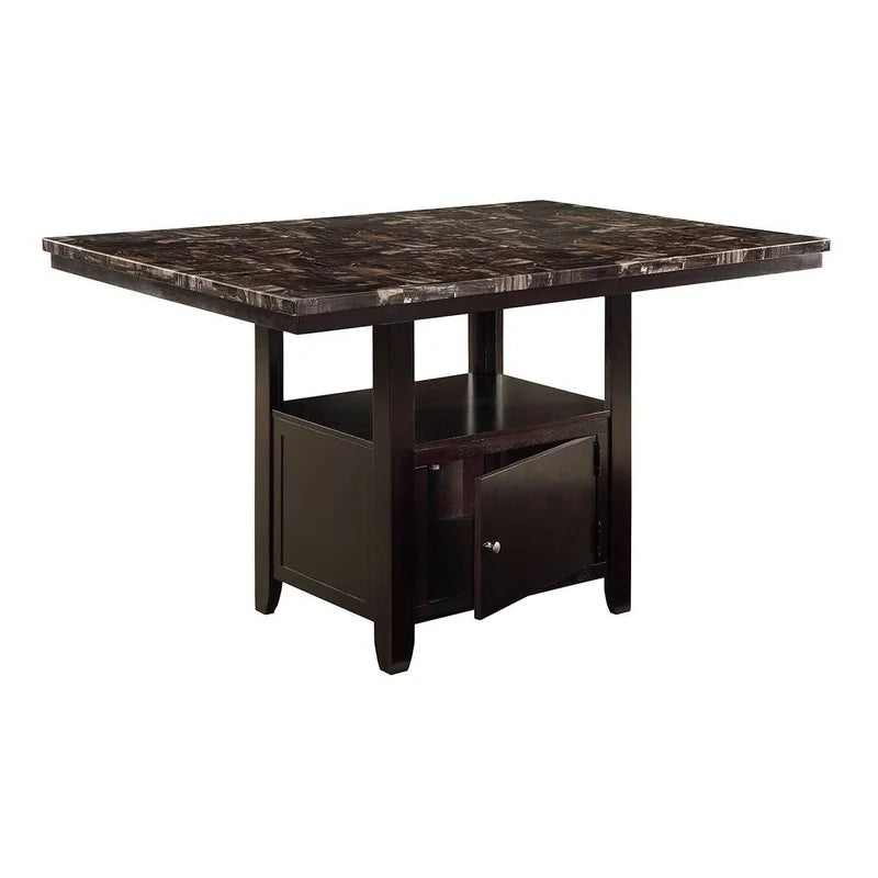 6pc Counter Height Dining Set with Storage Table, 4 High Chairs, 1 Bench, Black Faux Leather Tufted Seats, Faux Marble Top