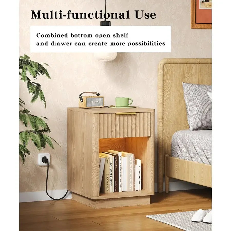 Nightstands Set of 2, Wooden Night Stand with Charging Station and LED Light, Modern Mid Century Bed Side End Table with Drawer