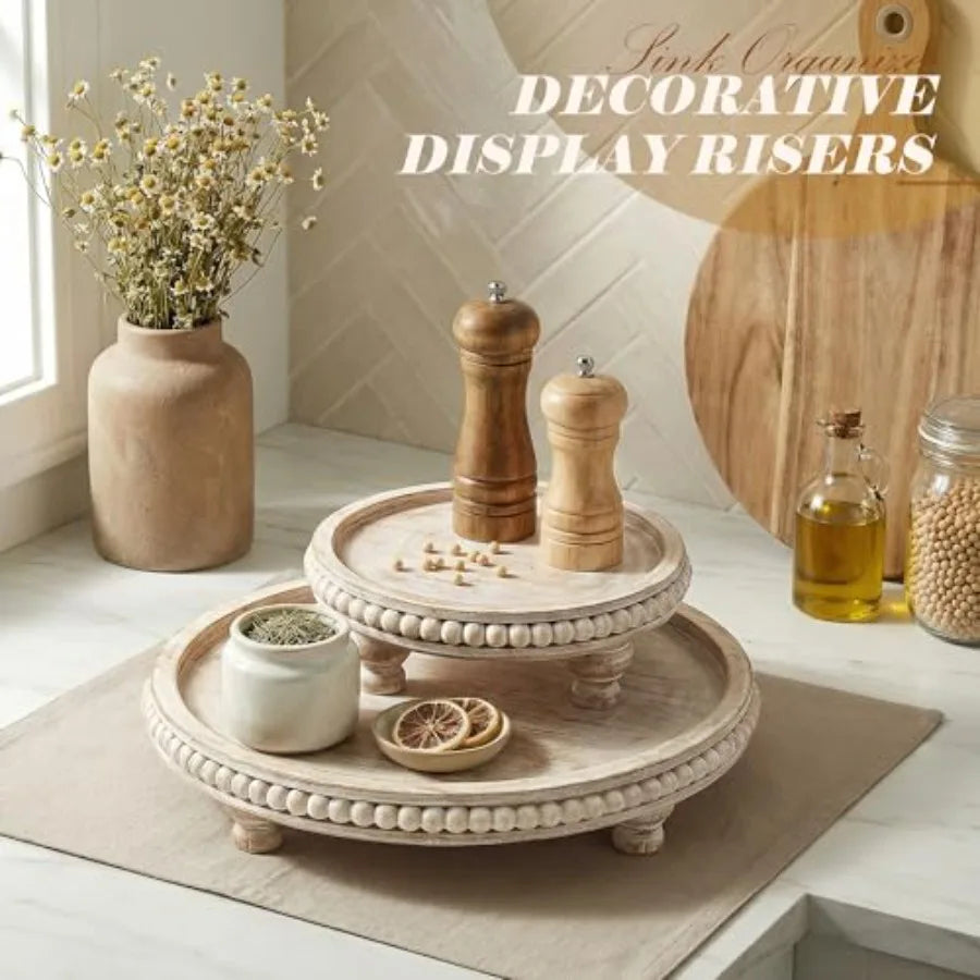 Round Pine Wooden Display Riser Set of 2 for Home Decor - Beaded Pedestal Stand for Bathroom and Coffee Table - Decorative Tray
