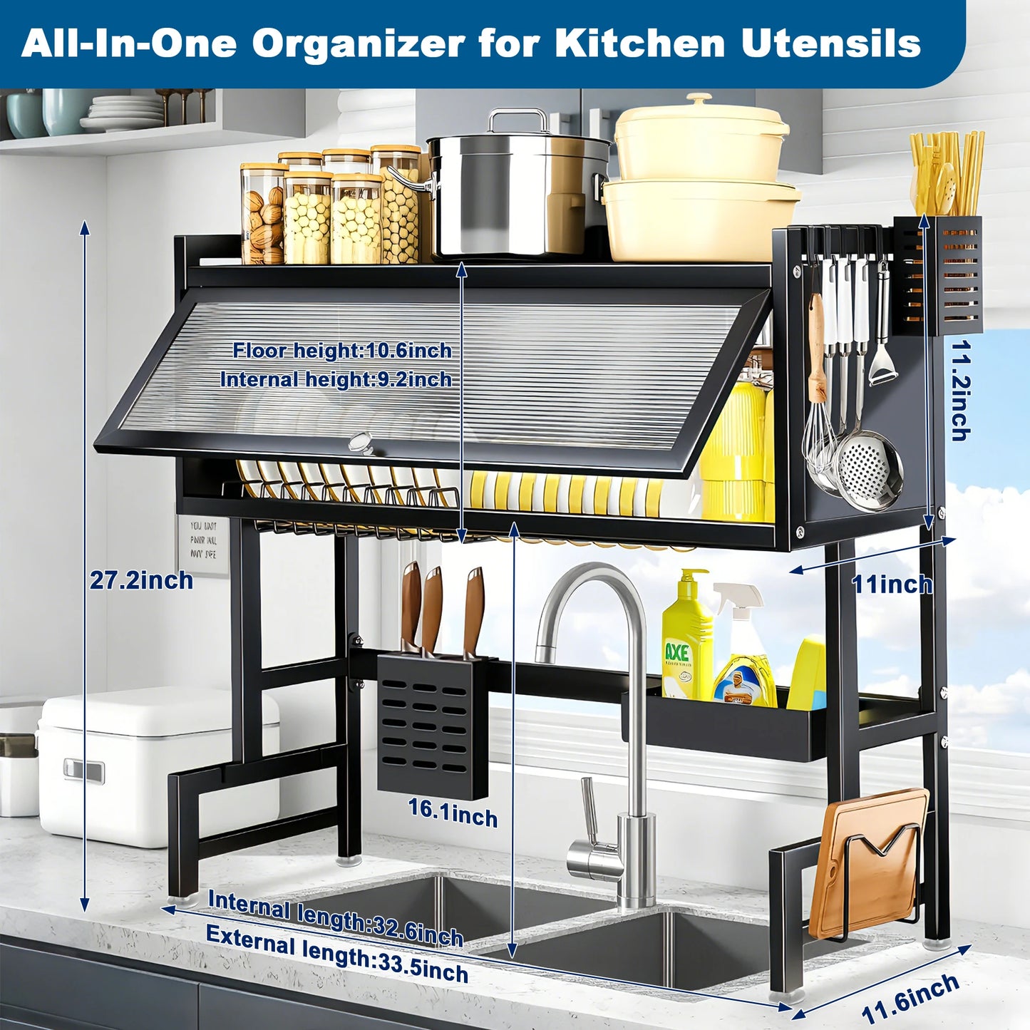 Extra long Drying Rack for Kitchen Sink, Space Saving Dish Rack，Keep Kitchen Sink Shlef Organized Space-Saving Dish Drying Rack, Large Stainless Steel Sink Drying Rack for Dishes- Countertop Organizer for Dishes, Utensils