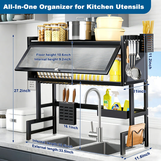 Extra long Drying Rack for Kitchen Sink, Space Saving Dish Rack，Keep Kitchen Sink Shlef Organized Space-Saving Dish Drying Rack, Large Stainless Steel Sink Drying Rack for Dishes- Countertop Organizer for Dishes, Utensils