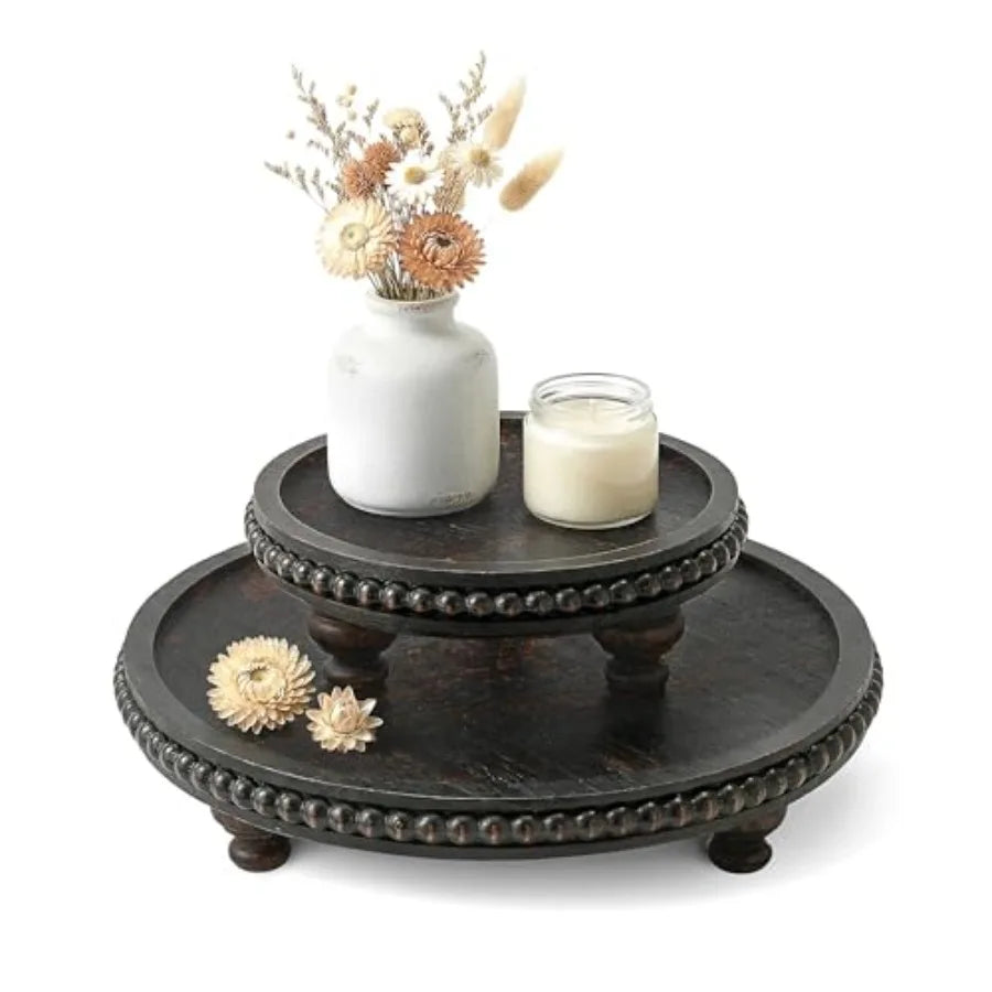Round Pine Wooden Display Riser Set of 2 for Home Decor - Beaded Pedestal Stand for Bathroom and Coffee Table - Decorative Tray