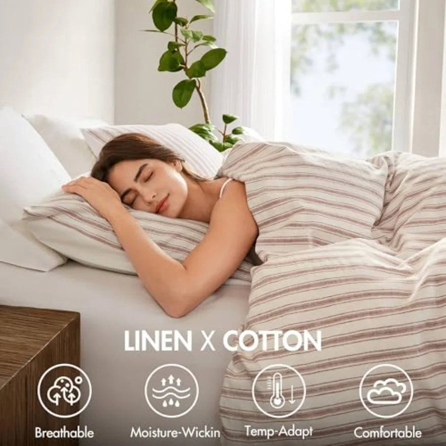 Duvet Cover Set for Hot Sleepers - Linen Cotton Rayon Blend Size 3 Pcs Set with Shams - Lightweight and Breathable Bedding Stri