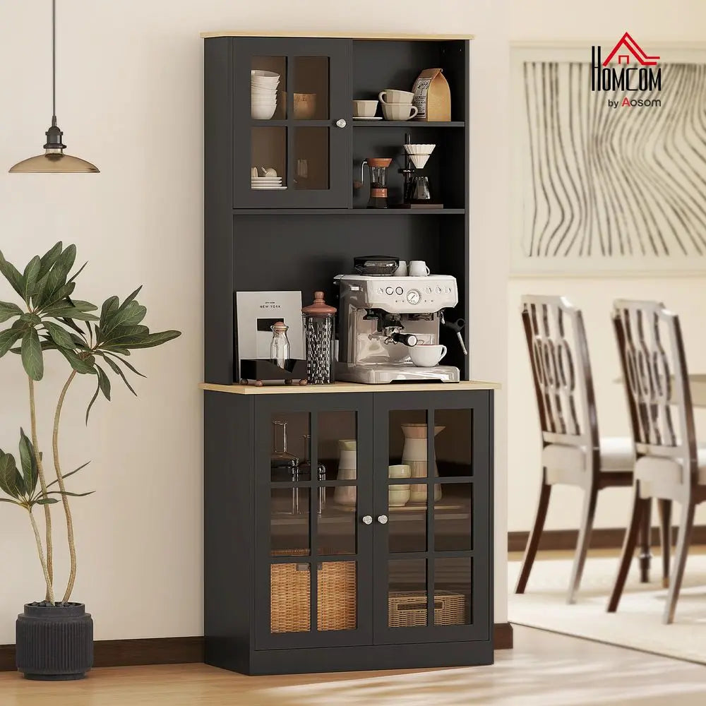 Kitchen Pantry Storage Cabinet, 72 Freestanding Cabinet with Hutch, Large Countertop, Glass Doors and Adjustable Shelves for Di