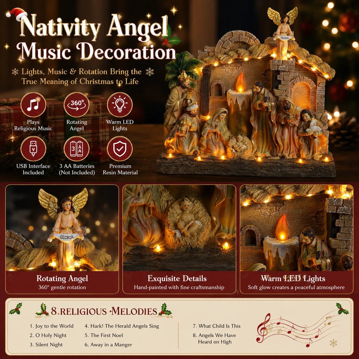 Candle Christ Nativity Desktop Ornament, Rotating Angel, Holy Family, With Religious Music, Window Display Holiday Gift