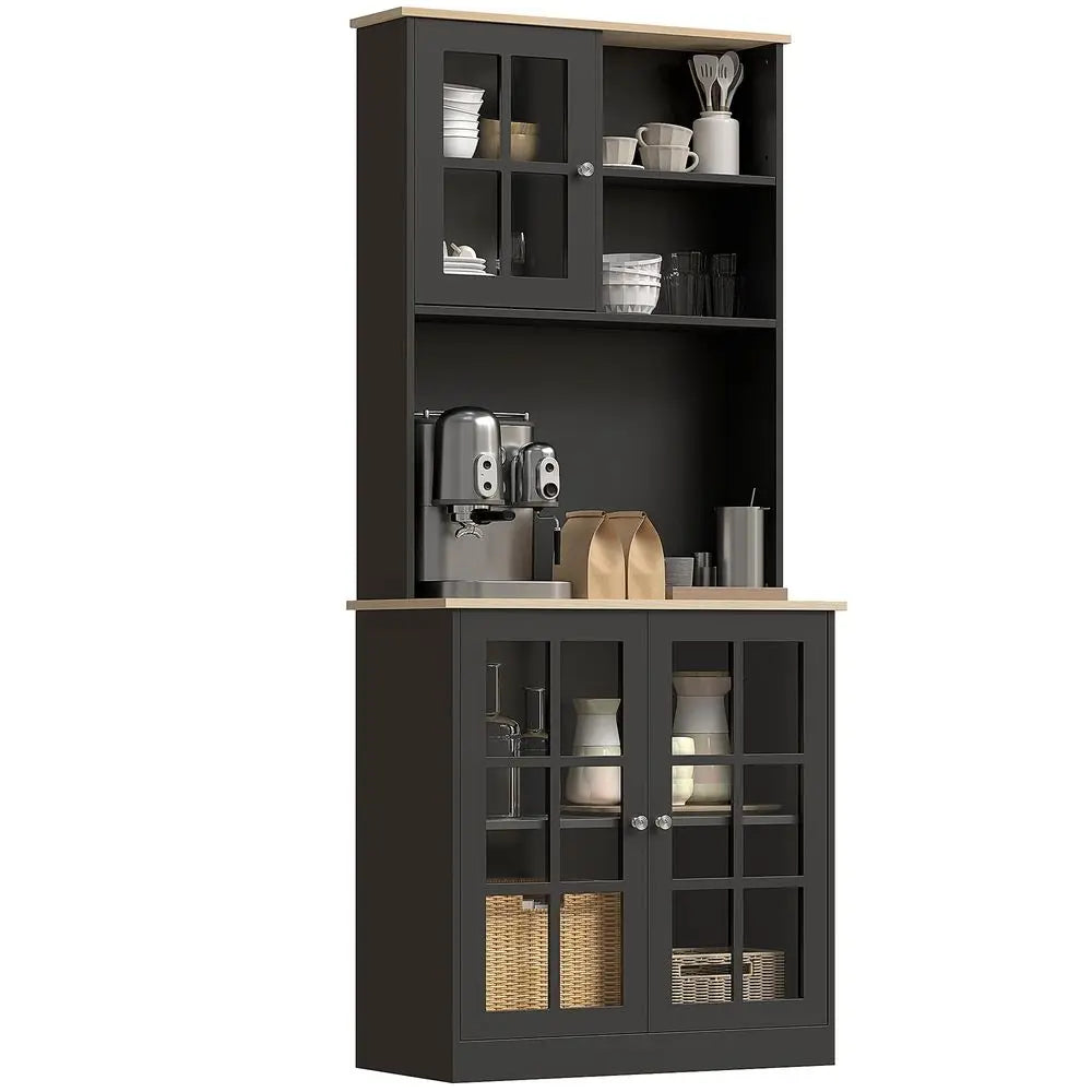 Kitchen Pantry Storage Cabinet, 72 Freestanding Cabinet with Hutch, Large Countertop, Glass Doors and Adjustable Shelves for Di