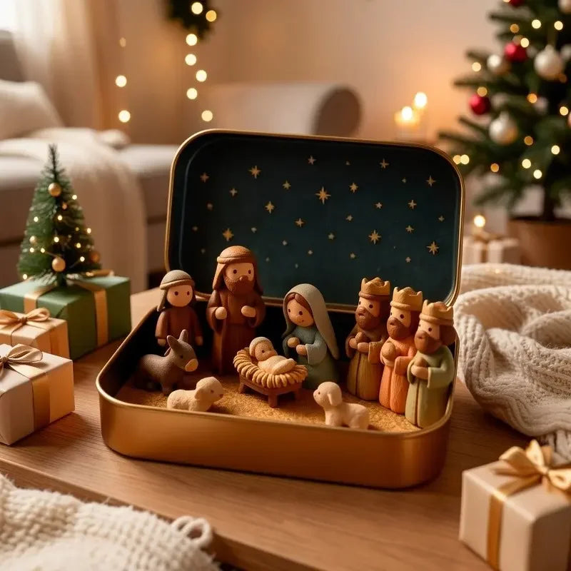 1 Set Mini Handmade Christmas Nativity Scene Figurine Set, portable box design featuring Mary, shepherd and animal figures with hand-painted details, holiday decoration, Ornaments and collectible gift for Christmas, Easter an