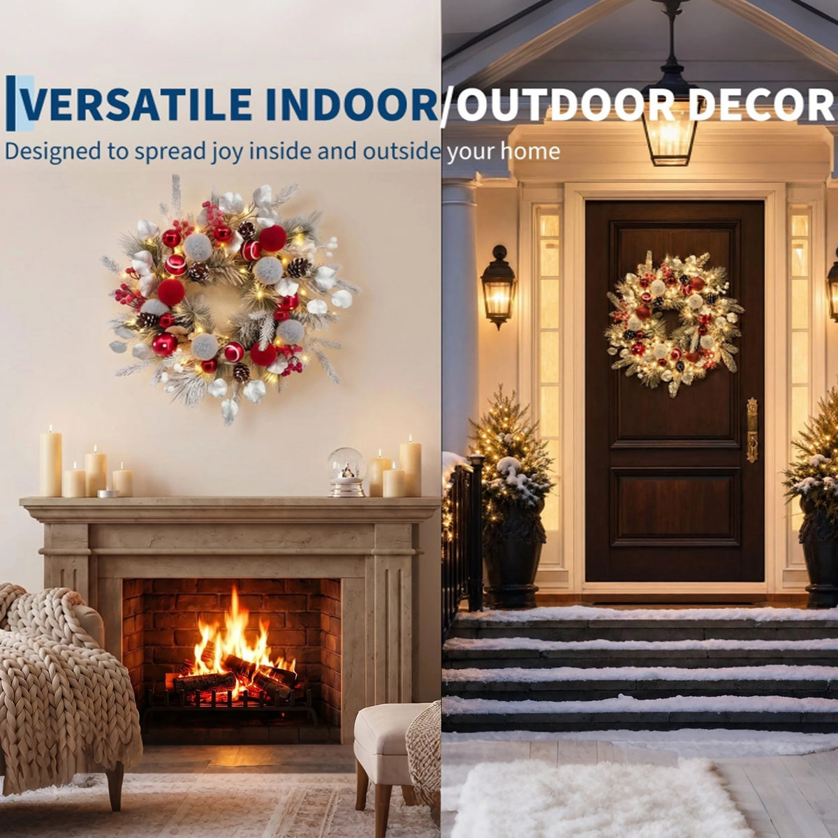 24 Inch Pre-Lit Flocked Christmas Ball Wreath, 20 LED Lights 8 Modes Timer, Full PVC Front Door Mantel Holiday Wall Decor
