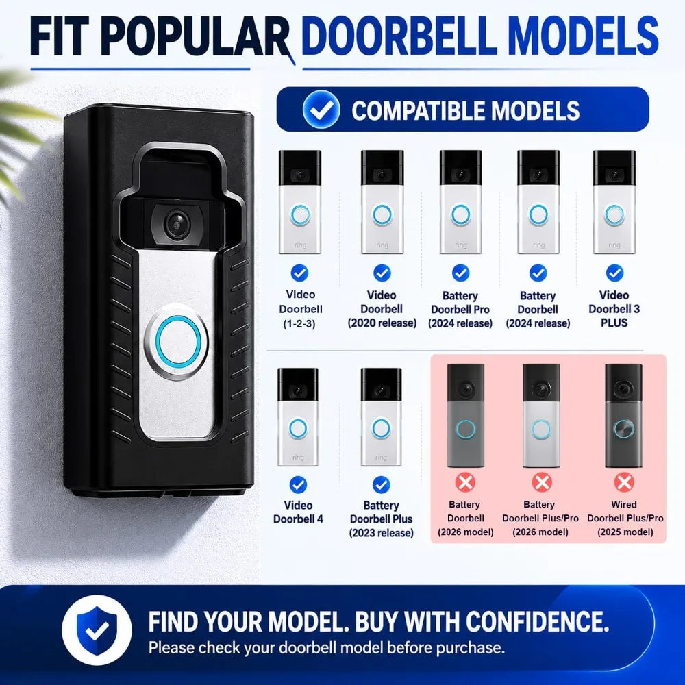 No-Drill Doorbell Mount, Full Coverage Protective Housing, Anti-Theft, for Ring & Other Wireless Video Doorbells, Matte Black