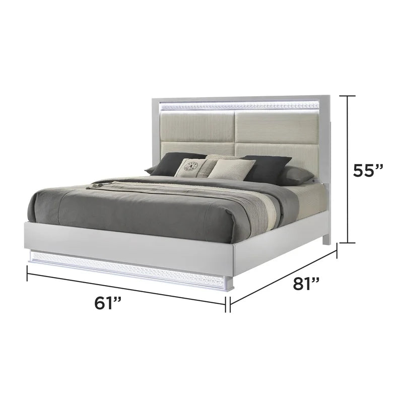 White Wood Queen Bedroom Set with LED Headboard, Modern Glam Design, 5-Piece