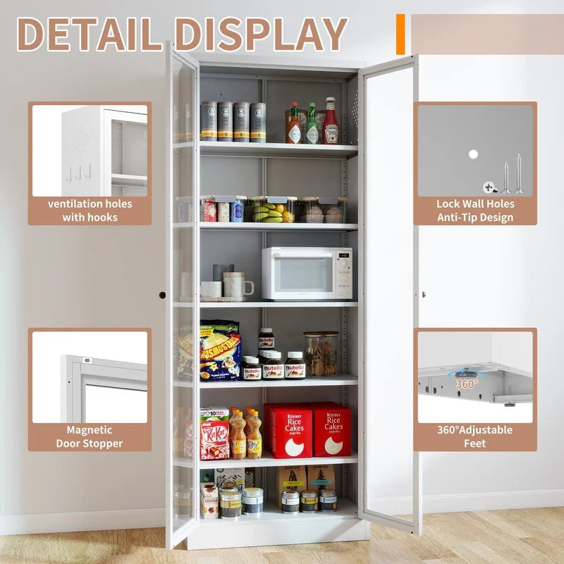 White 72" Freestanding Kitchen Pantry Cabinet with 5 Adjustable Shelves