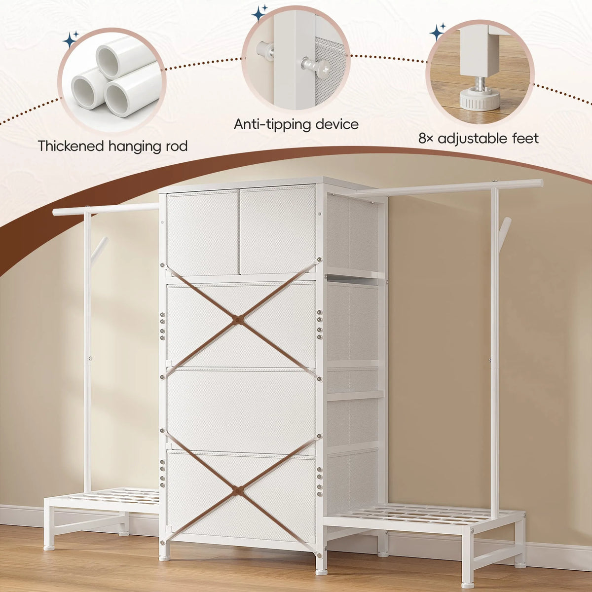 3-in-1 Dresser & Hanging Rack – 57.8" Wide with 5 Drawers & Shoe Rack, Side Hooks for Bedroom Storage and Walk-in closet