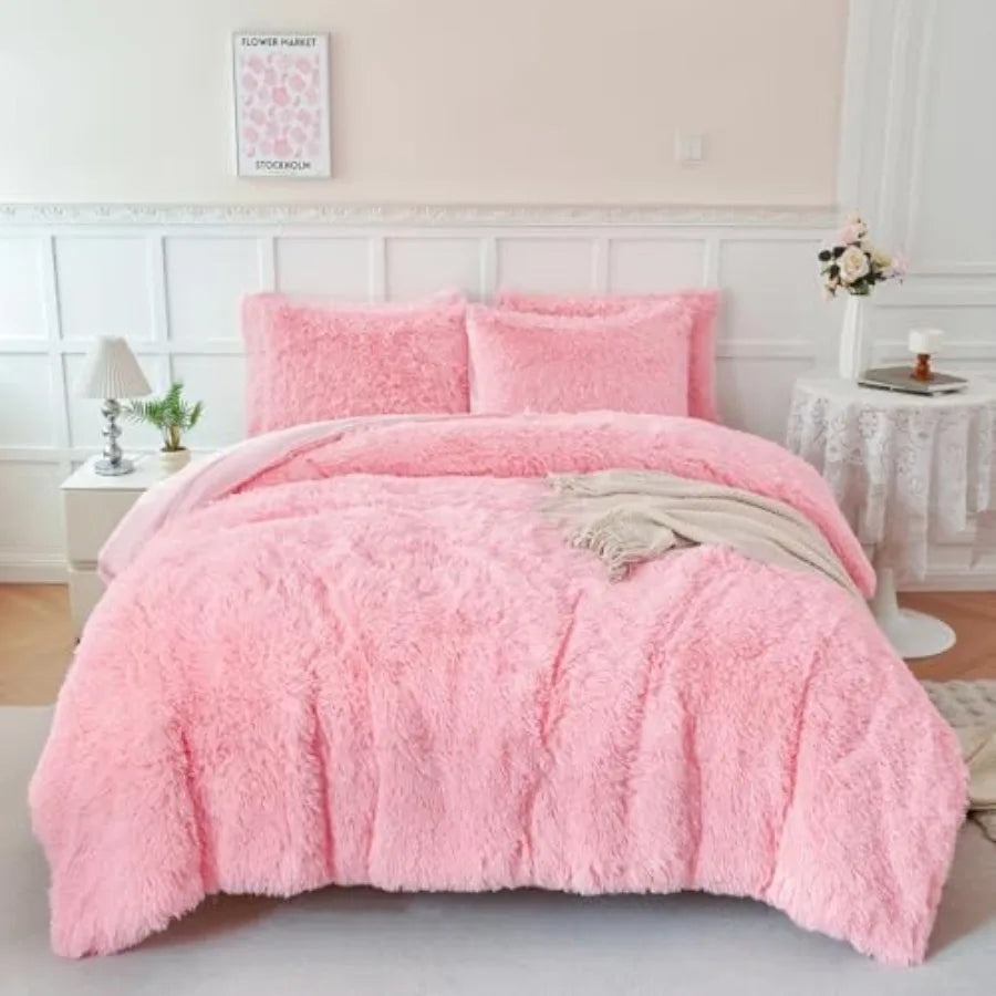 3 Pieces Plush Comforter Sets Full Size Soft Long Faux Fur Shaggy Girls Bedding Set Warm Velvet Fluffy Fuzzy Bed Set for Teens