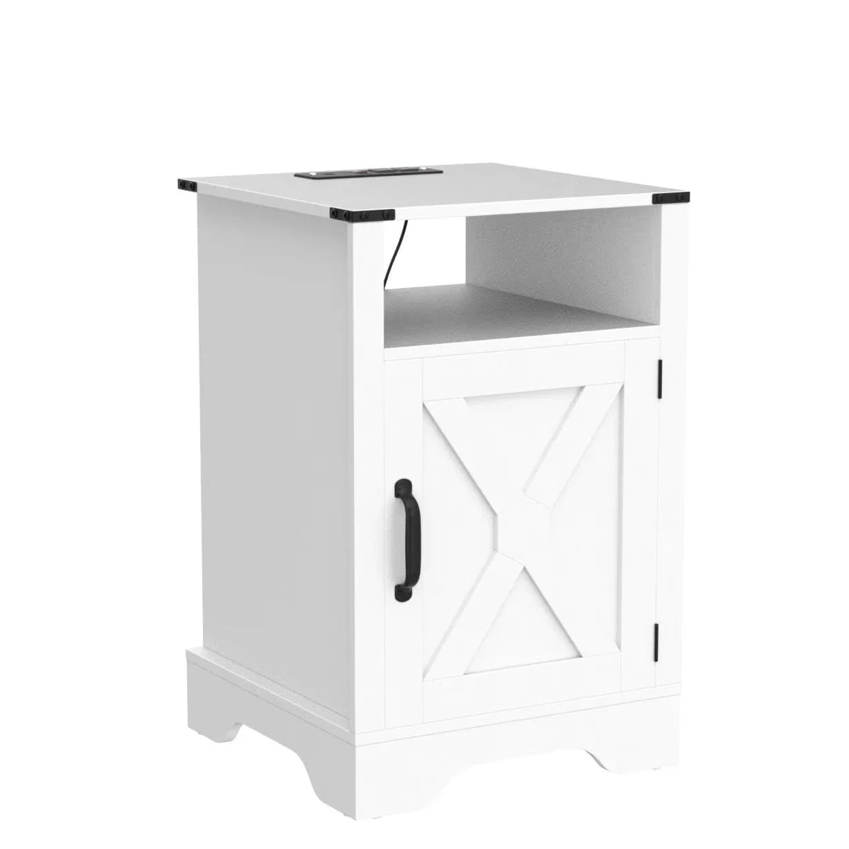 Farmhouse Nightstand with Charging Station, White Bedside Table with 2 USB Ports & Outlets, Wooden End Table with Storage for Bedroom