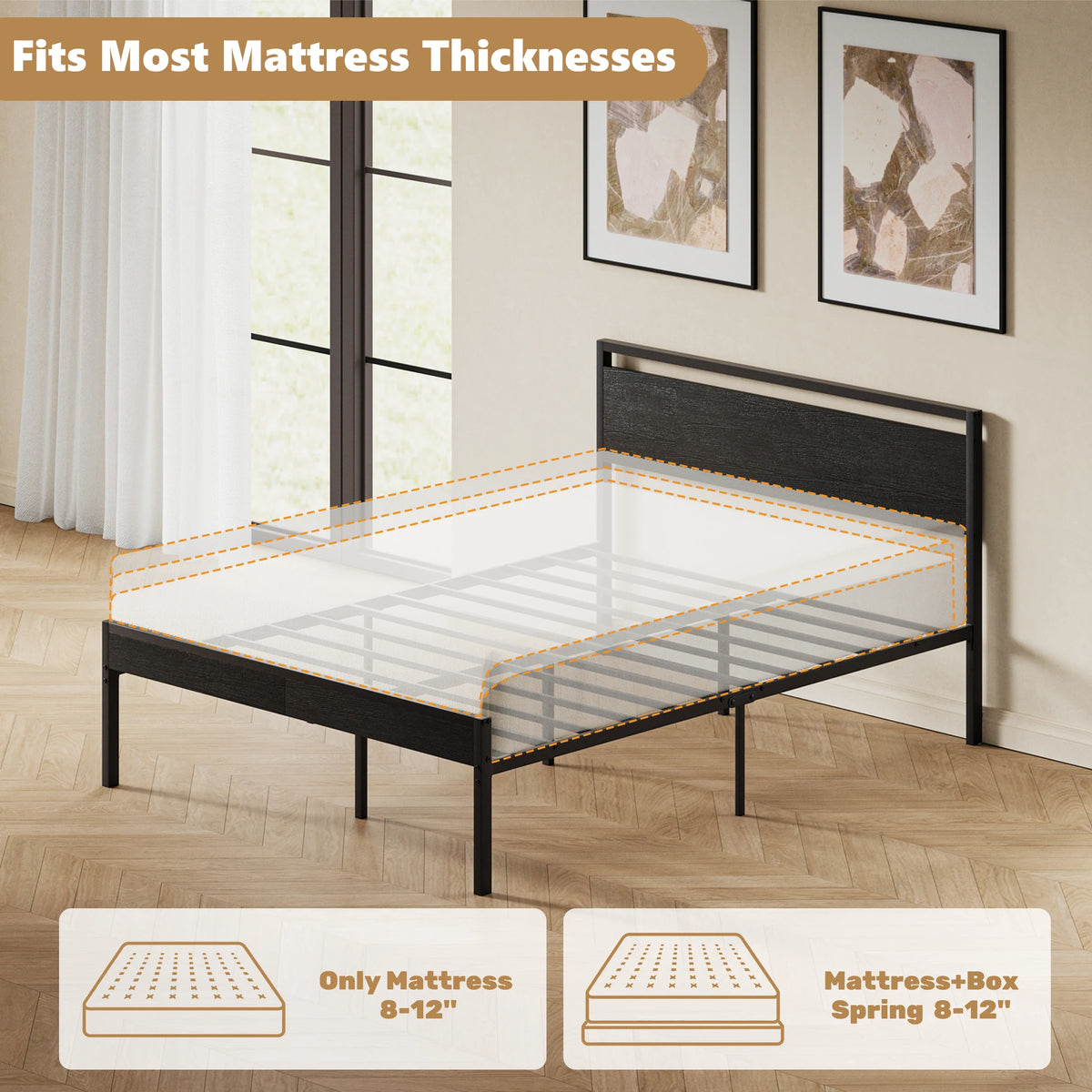 JHK 14 Inch Metal Bed Frame with Wood Headboard Heavy-duty Metal Platform With 1200lbs Capacity No Box Spring Needed Noise-free and Easy Assembly Design