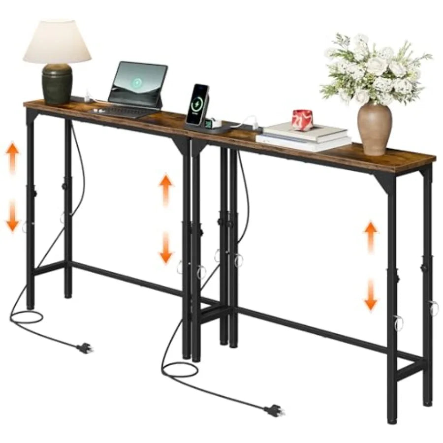 Narrow Console Table with Adjustable Height ."-9.9" Set of Behind Couch Table Entryway Table with Power Outlet Sofa Table for E