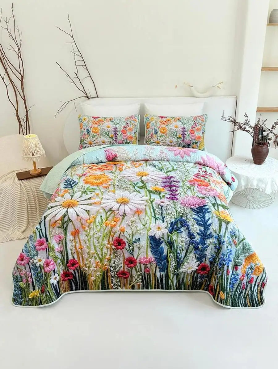 Quilted Floral Print Bedding Set With Pillowcases Soft Breathable Machine Washable Twin Queen King