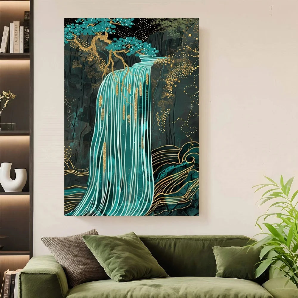 Framed Flat, 1pc Modern Abstract Waterfall Forest Wall Art - Vertical Teal Golden Framed Canvas, Stretched Wrap-Around Suitable