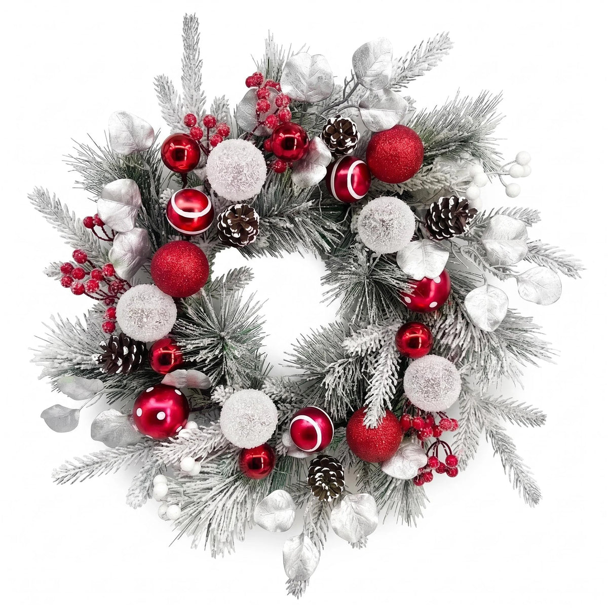 24 Inch Pre-Lit Flocked Christmas Ball Wreath, 20 LED Lights 8 Modes Timer, Full PVC Front Door Mantel Holiday Wall Decor