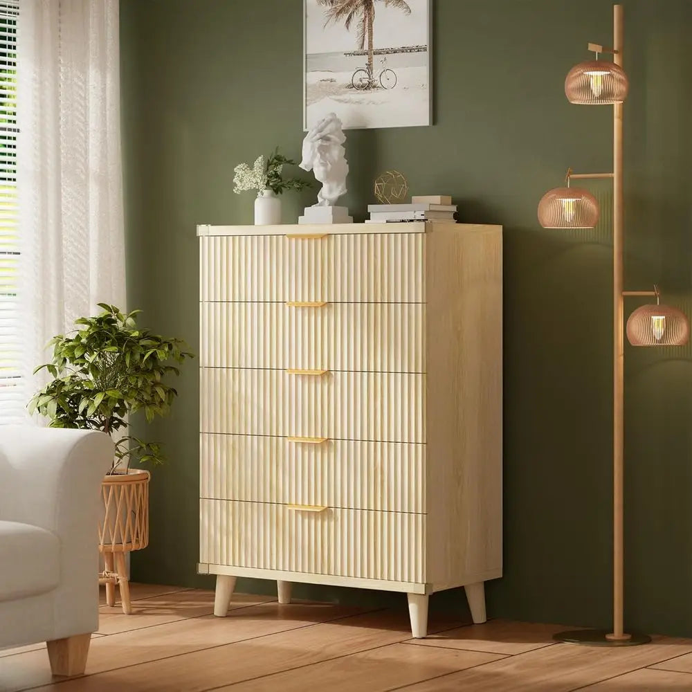 3-Piece Solid Wood Bedroom Set with Natural Oak Legs: 5-Drawer Dresser + 2 Nightstands