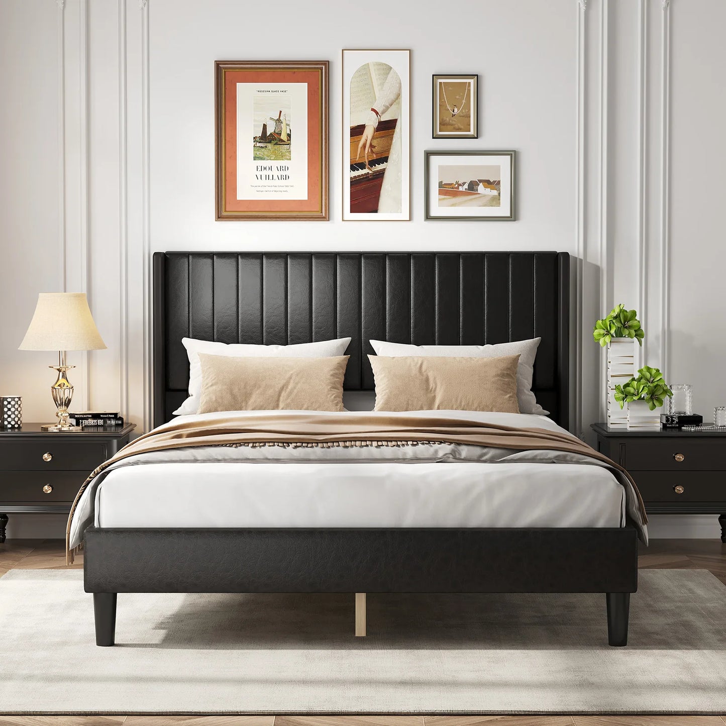 JHK Basic Upholstered Platform Bed Frame with Modern Wingback Headboard Wooden Slats 800lbs Capacity No Box Spring Needed Easy Assembly For Bedroom