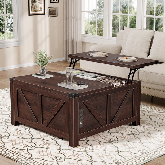 JHK 35.6IN Lift Top Coffee Table with Charging Station and Storage Shelf Easy Lift Or Lower Square Wood Table with USB/Type-C AC Outlets Hidden Storage for Living Room Home Office