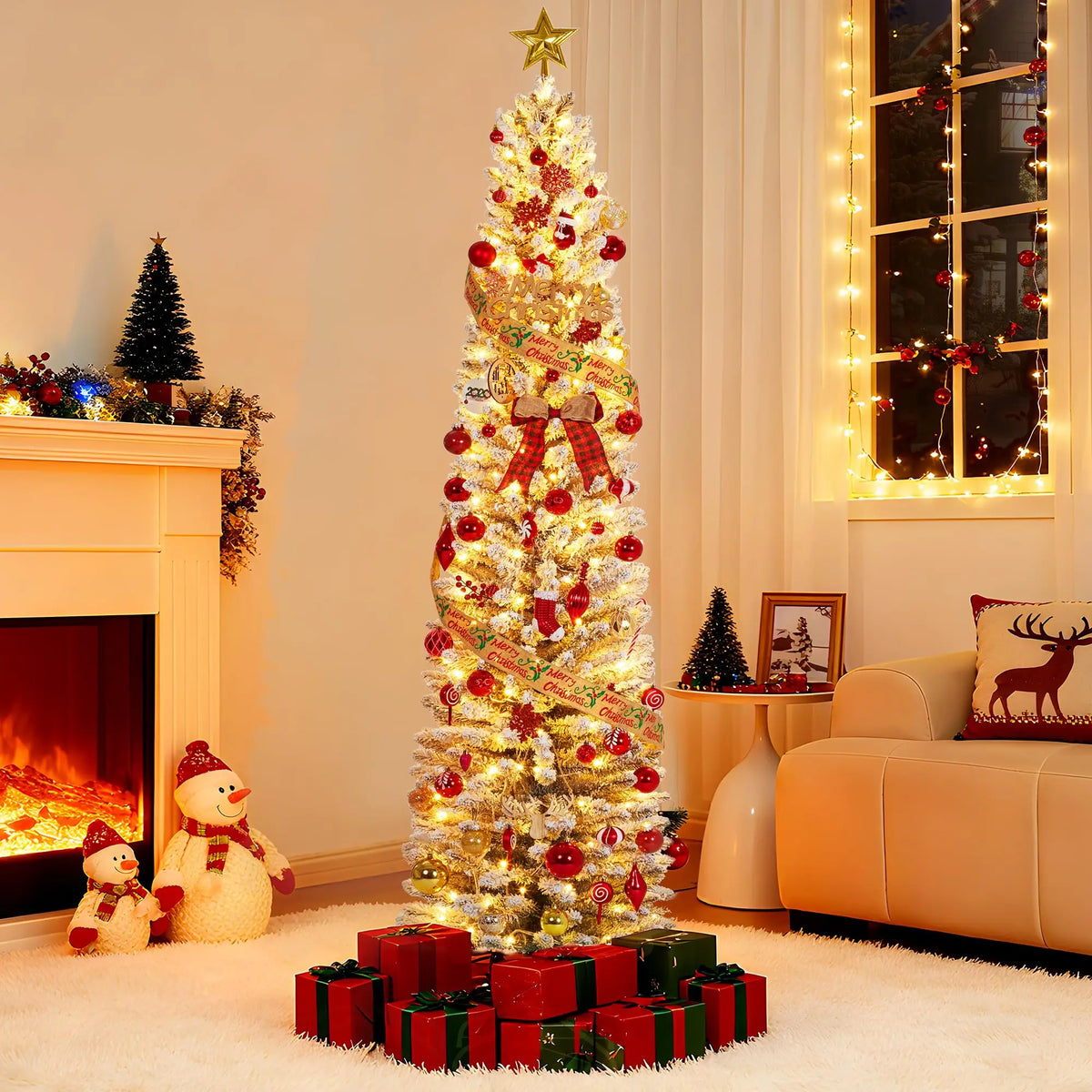 6/7.5ft Flocked Pencil Christmas Tree - Pre-lit Frosted Slim Artificial Tree, Space Saving Xmas Tree Holiday Decoration for Home, Full Prelighted Warm White LED Lights, Foldable Base, Easy Assembly
