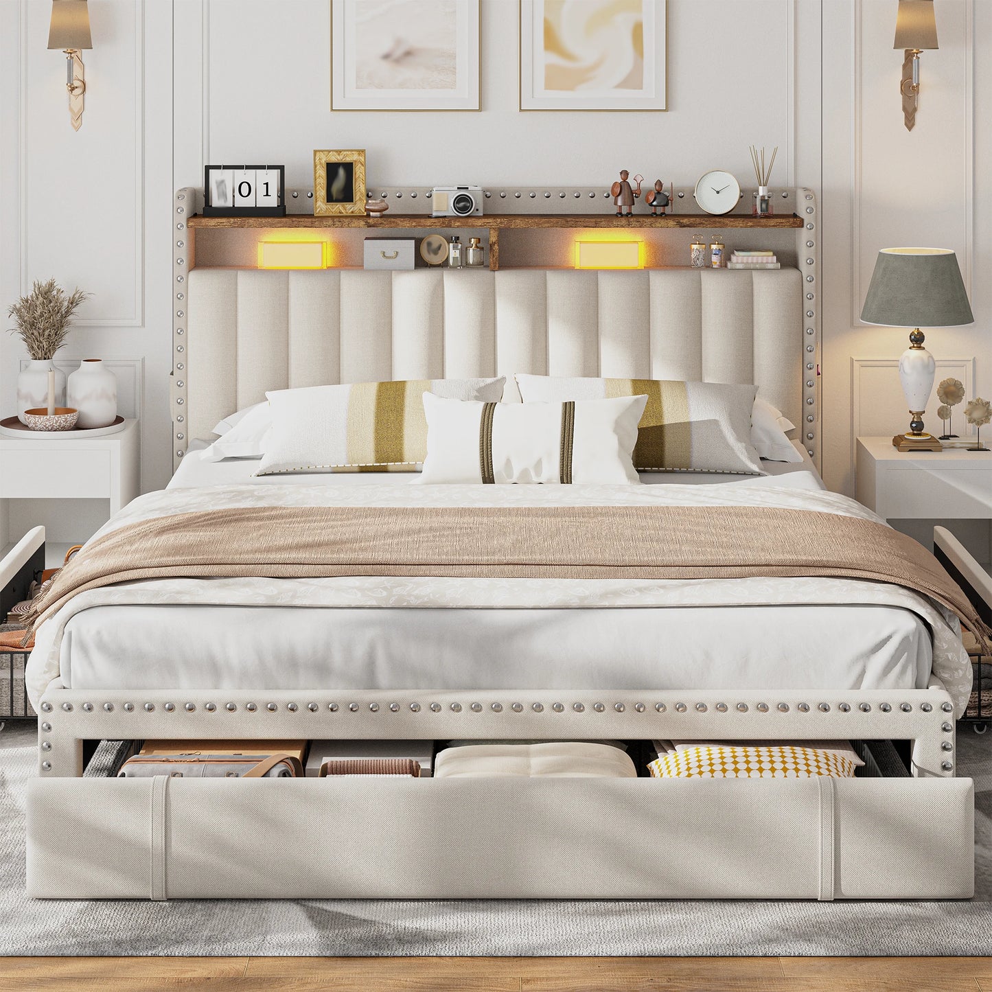 EnHomee Full/Queen/King Bed Frame with 3 Drawers & 2-Tier Storage Headboard,Upholstered Platform Bed Frame, No-Noise