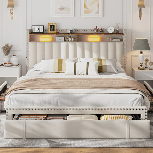 EnHomee Full/Queen/King Bed Frame with 3 Drawers & 2-Tier Storage Headboard,Upholstered Platform Bed Frame, No-Noise